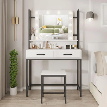 Glamorous Makeup Vanity Table Set with 3 Setting Dimmable Colors Lighted Mirror & Stool. (Various Styles to Choose From)